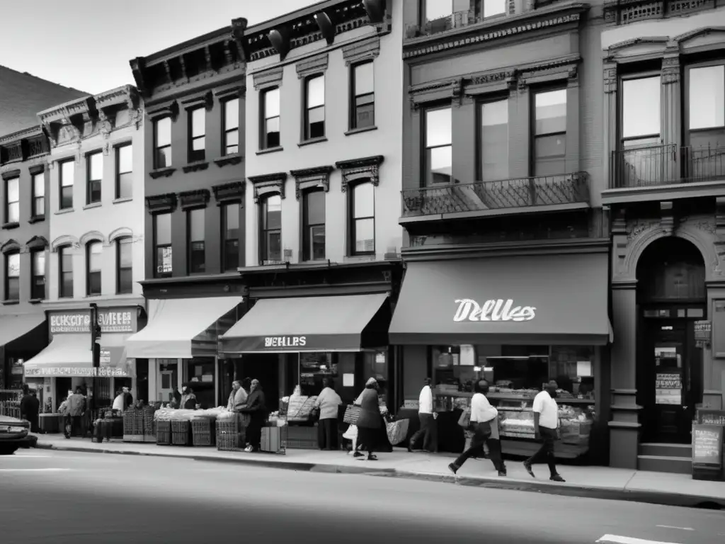 Revitalización urbana en Brooklyn: animada esquina en blanco y negro con gente variada y edificios antiguos y modernos.