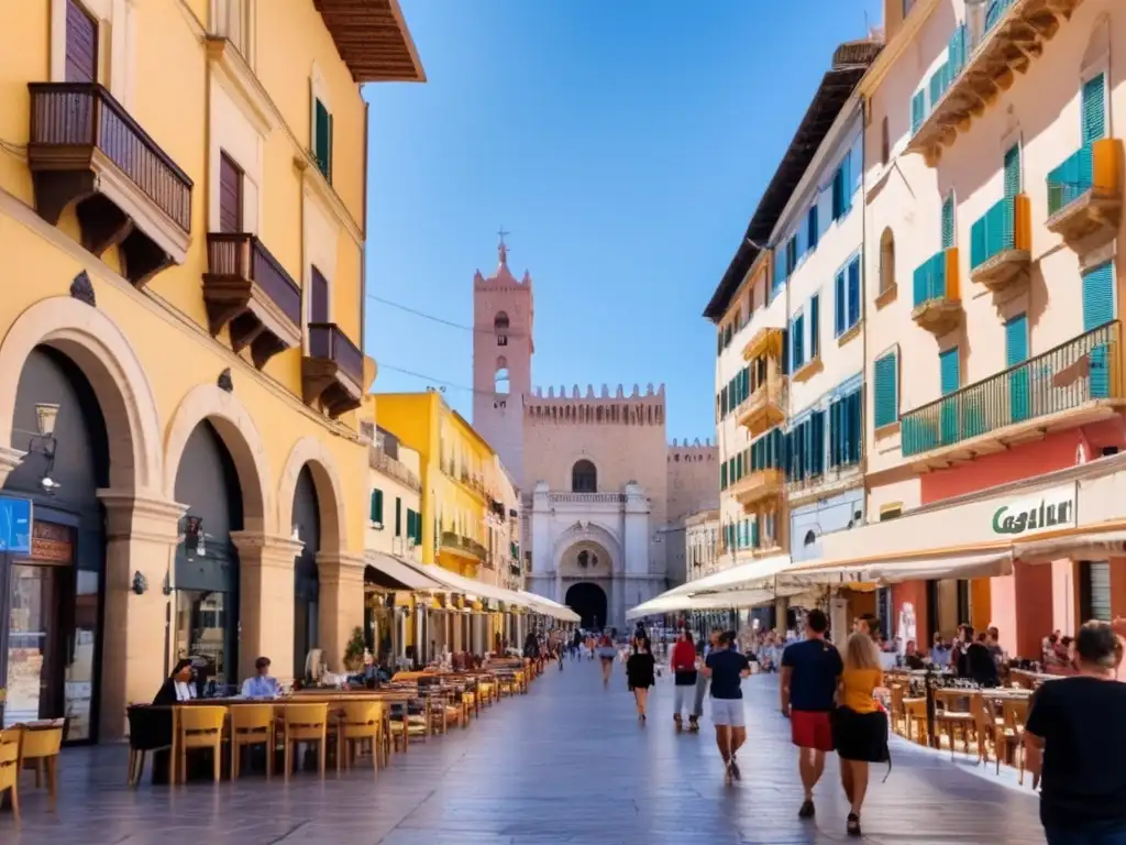 Revitalización urbana en Cagliari: Calle bulliciosa con edificios coloridos y cafés al aire libre, con el castillo medieval de fondo.