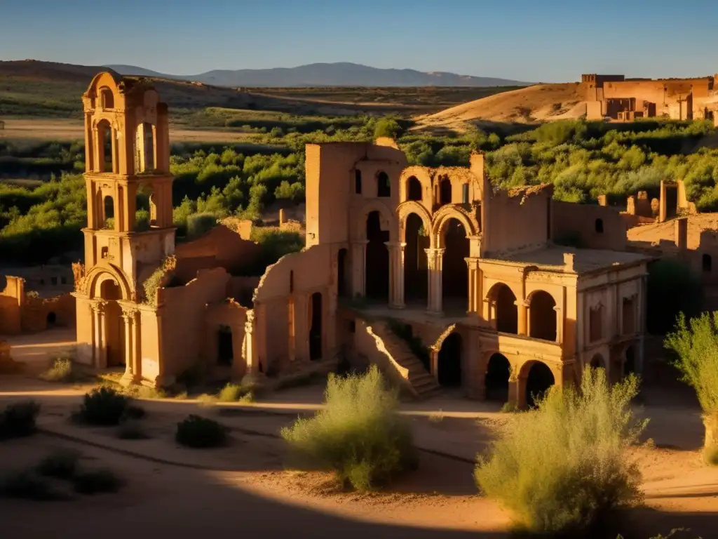 Ruinas de Belchite, ciudad fantasma abandonada por la guerra civil. Muestra la atmósfera desoladora y el impacto del conflicto en el paisaje.