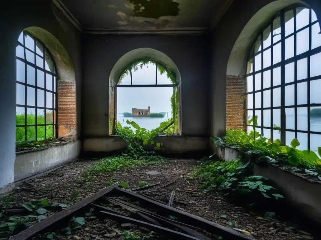 Las ruinas abandonadas de la isla Poveglia en Italia, envueltas en enredaderas y niebla, transmiten la misteriosa historia de desolación y abandono.