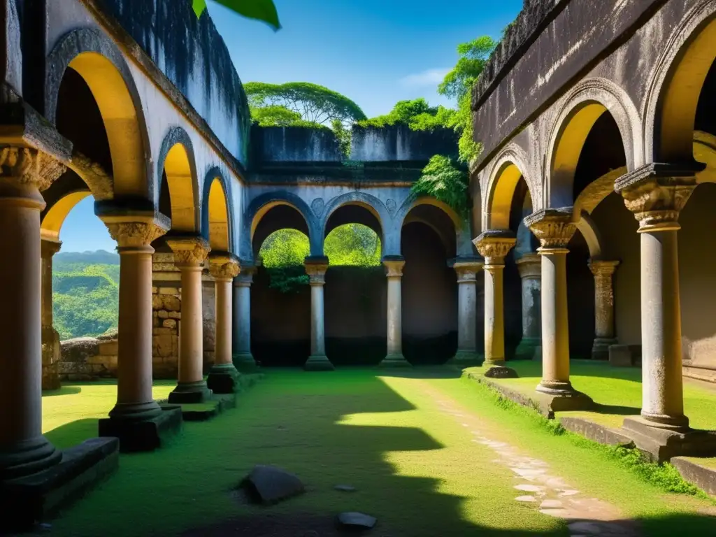 Ruinas ancestrales de Santa Ana, Brasil, revelando secretos en la selva. <b>El juego de luz y sombra destaca la belleza misteriosa.