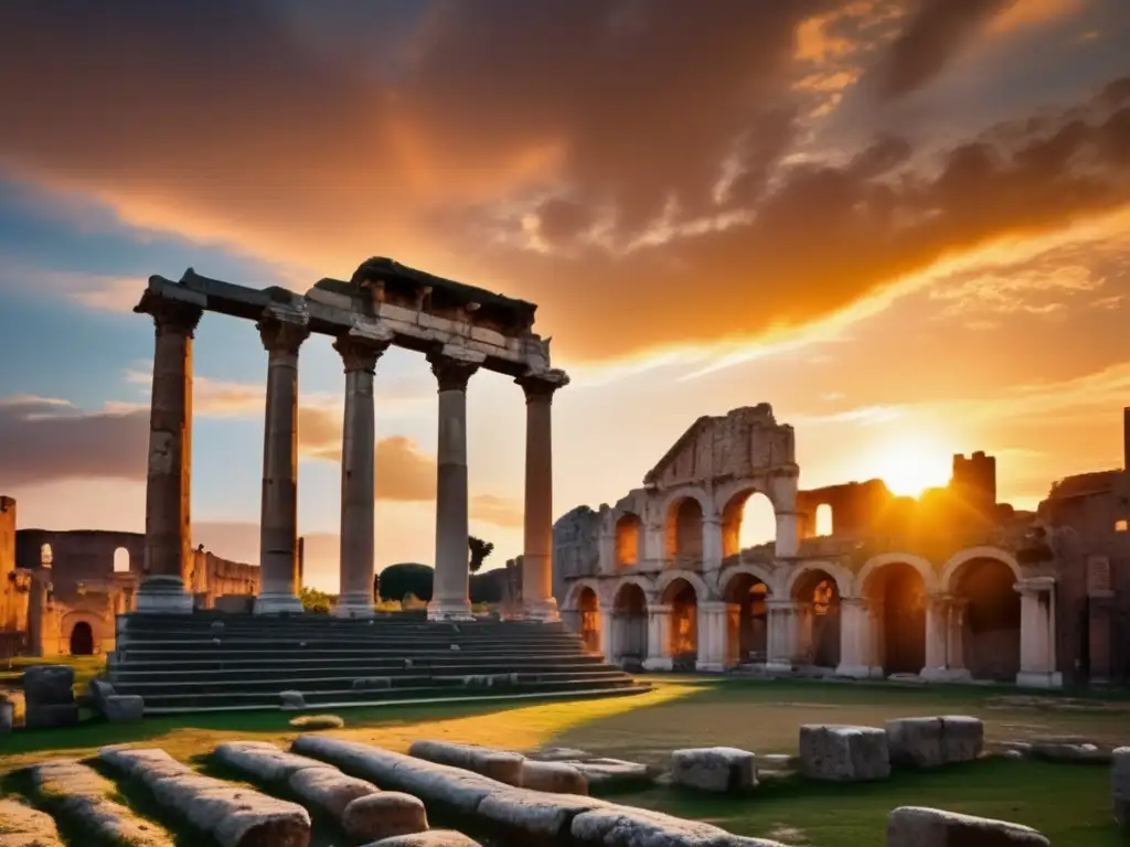 Ruinas de Capua: antigua ciudad fantasma con columnas de piedra, restos de anfiteatro y cielo vibrante al atardecer. <b>Misterio y historia.