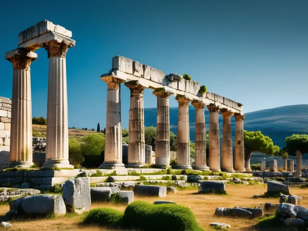 Ruinas antiguas de la ciudad de Corinto capturadas en una imagen documental de alta resolución, mostrando detalles intrincados y atmósfera nostálgica.