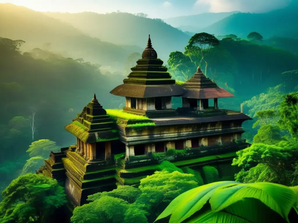 Ruinas antiguas y exuberantes de la ciudad santa Kandy, con detalles arquitectónicos y naturaleza, capturando un ambiente místico de abandono.