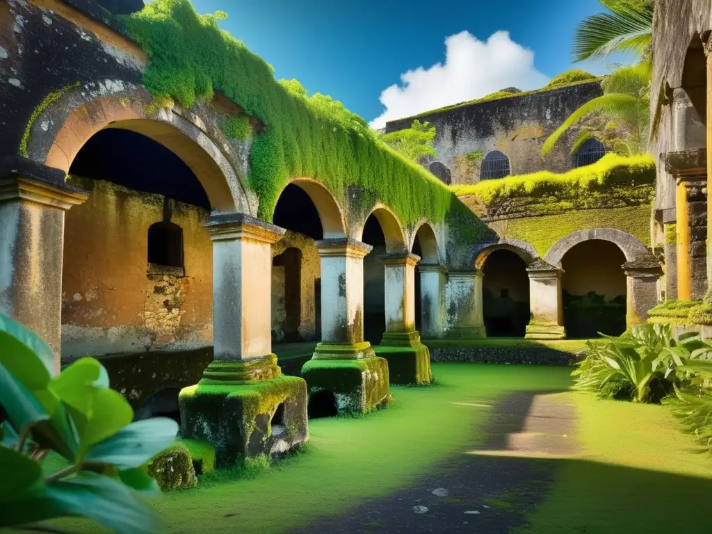 Ruinas de un antiguo molino de azúcar en la exuberante Isla de Antigua, mostrando la historia y belleza natural.