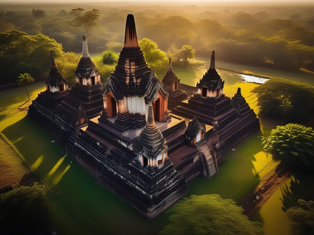 Explora las ruinas de Ayutthaya devastadas por la guerra, entre templos en ruinas y vegetación exuberante, iluminadas por la cálida luz dorada.