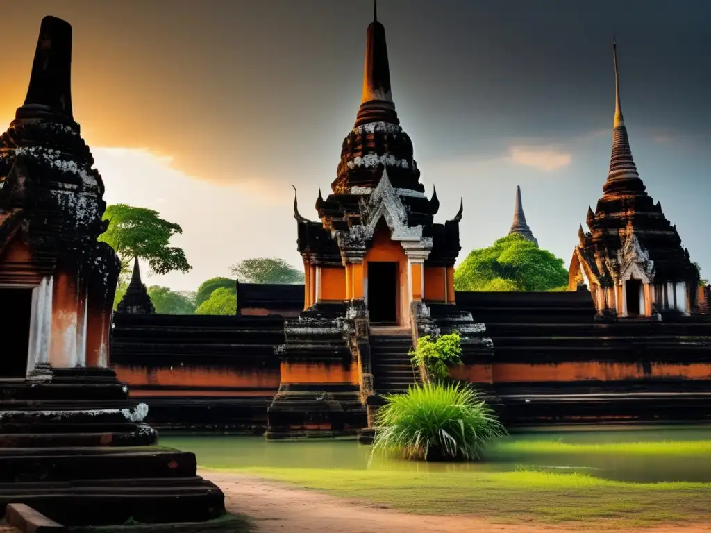 Ruinas de Ayutthaya devastadas por la guerra, con detalles arquitectónicos y atmósfera sombría.