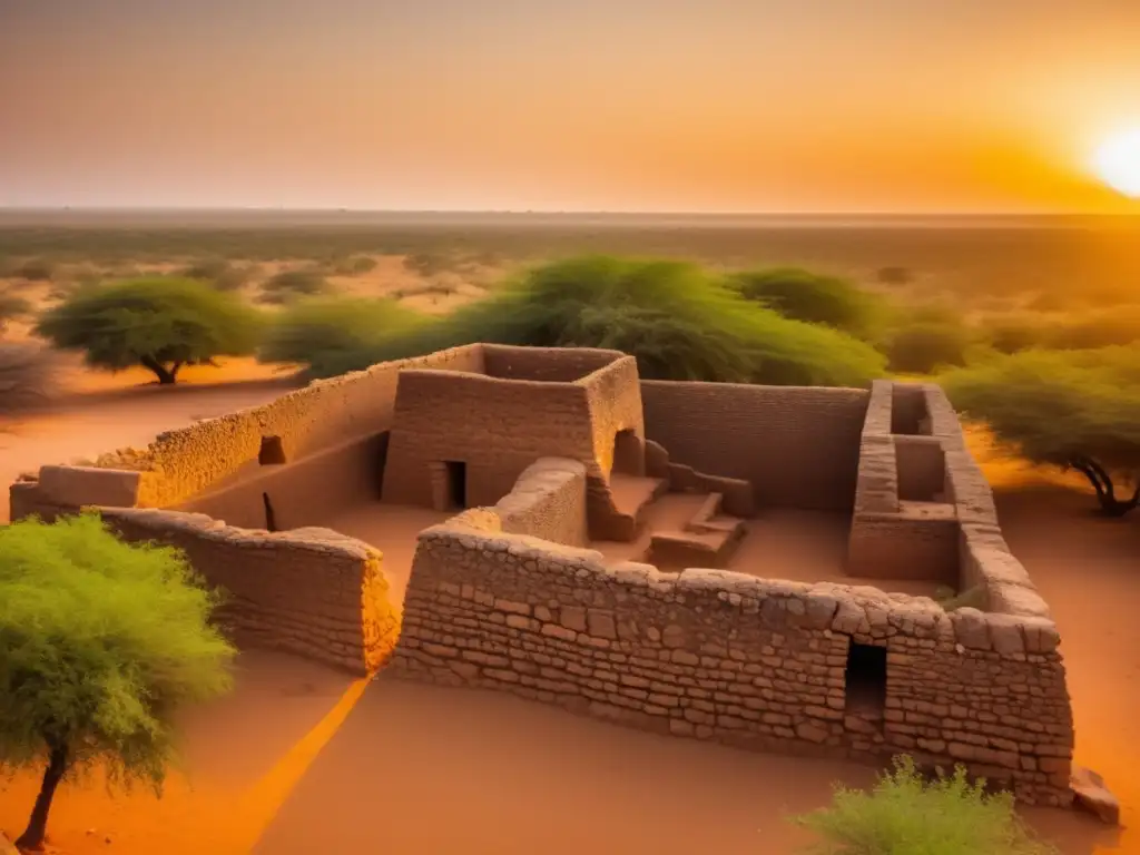 Ruinas de Loropéni en Burkina Faso bañadas en la luz dorada del atardecer, en contraste con la exuberante vegetación.