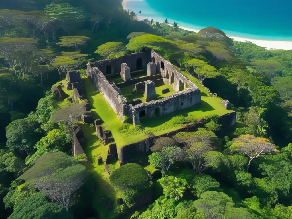 Ruinas de civilizaciones en Oceanía: Antiguas ruinas entre exuberante vegetación tropical, bañadas por la luz del sol y sombras dappled.