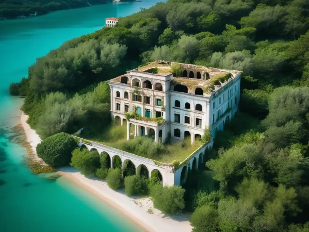 Ruinas contemporáneas del resort Haludovo Krk: hotel abandonado rodeado de vegetación, con el mar Adriático al fondo.