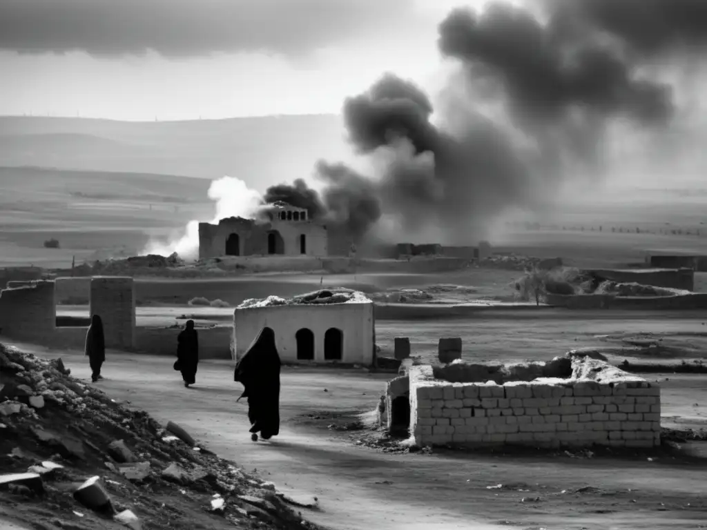 Ruinas desoladas de Halabja tras el ataque químico, con figuras representando la lucha y la devastación.