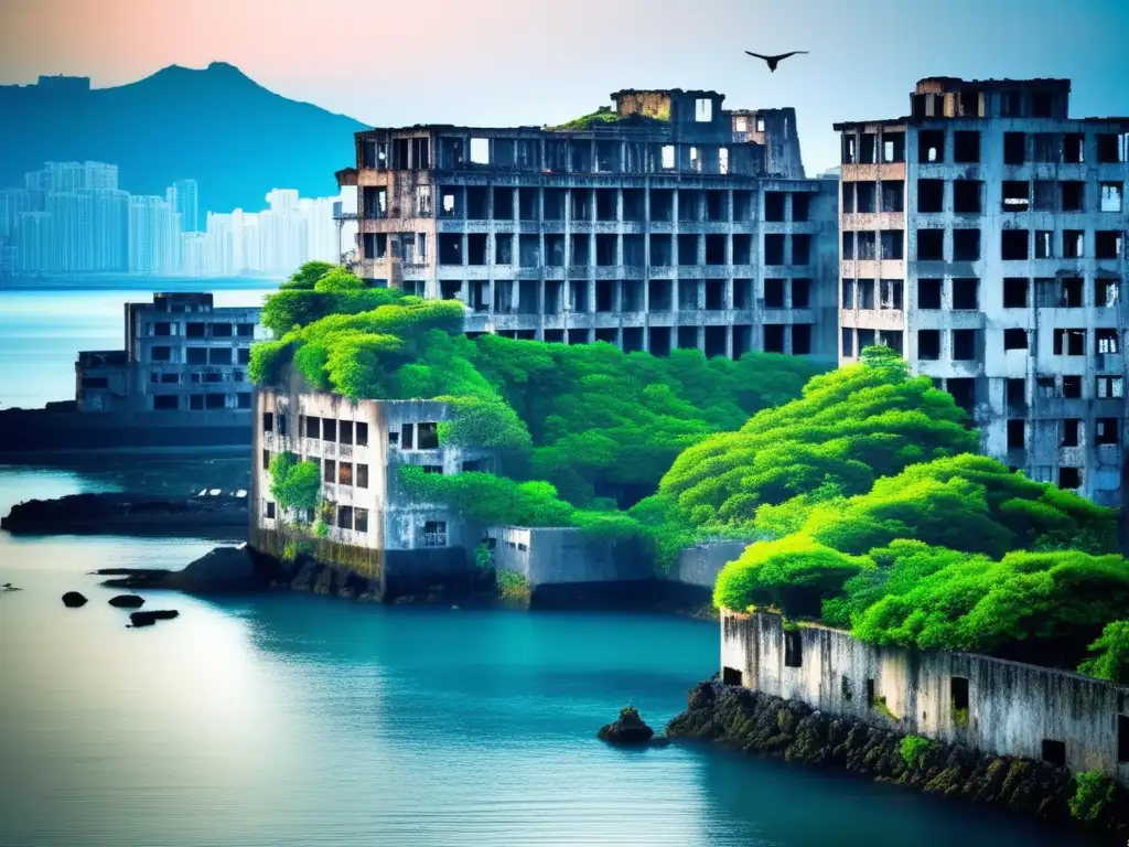 Las ruinas evocadoras de la isla Hashima reflejan su historia en un ambiente tranquilo y melancólico.