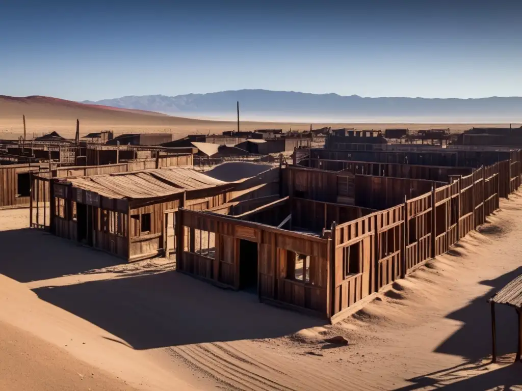 Ruinas evocadoras del Pueblo salitrero Humberstone Chile, con sombras alargadas y un aura misteriosa en el desierto.