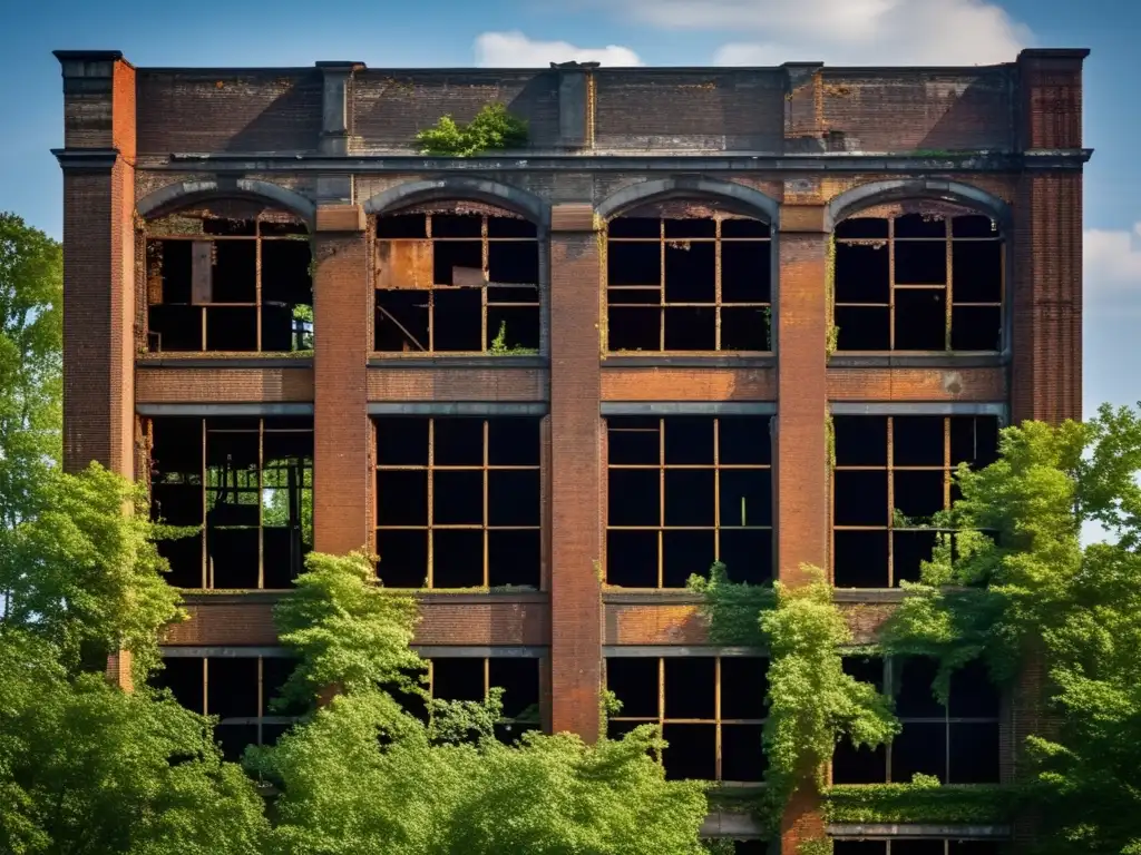 Fotografía de ruinas de fábrica en Ohio, con detalles de ladrillos y metal oxidado, contrastando con la naturaleza.