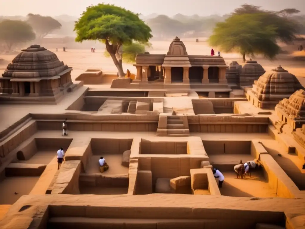 Descubrimiento arqueológico en ruinas de Hampi, India: arqueólogos desenterrando antiguas estructuras con cuidado, iluminadas por cálida luz solar.