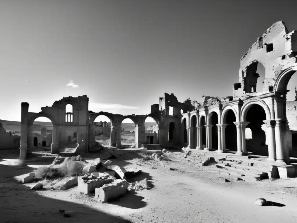 Ruinas impactantes de Belchite, testigos mudos de la guerra civil. La devastación y la historia se entrelazan en una atmósfera evocadora.