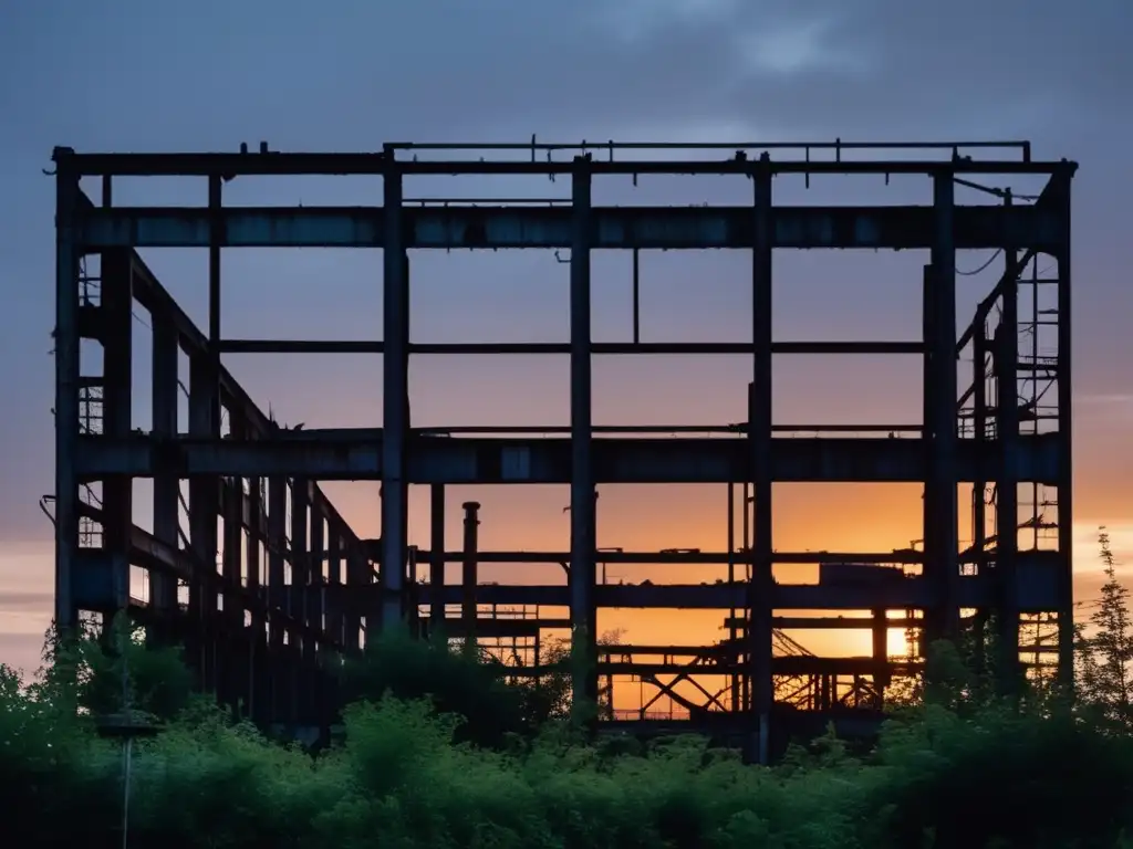 Ruinas industriales abandonadas testimonio pasado: Imponente complejo industrial en ruinas al atardecer, con estructuras oxidadas y naturaleza reclamando el sitio.