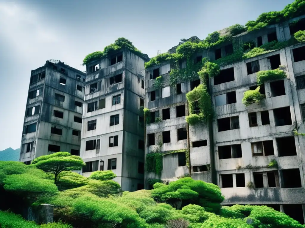 Explorando las ruinas de la Isla de Hashima en Japón, entre edificios abandonados y naturaleza reclamando su espacio.