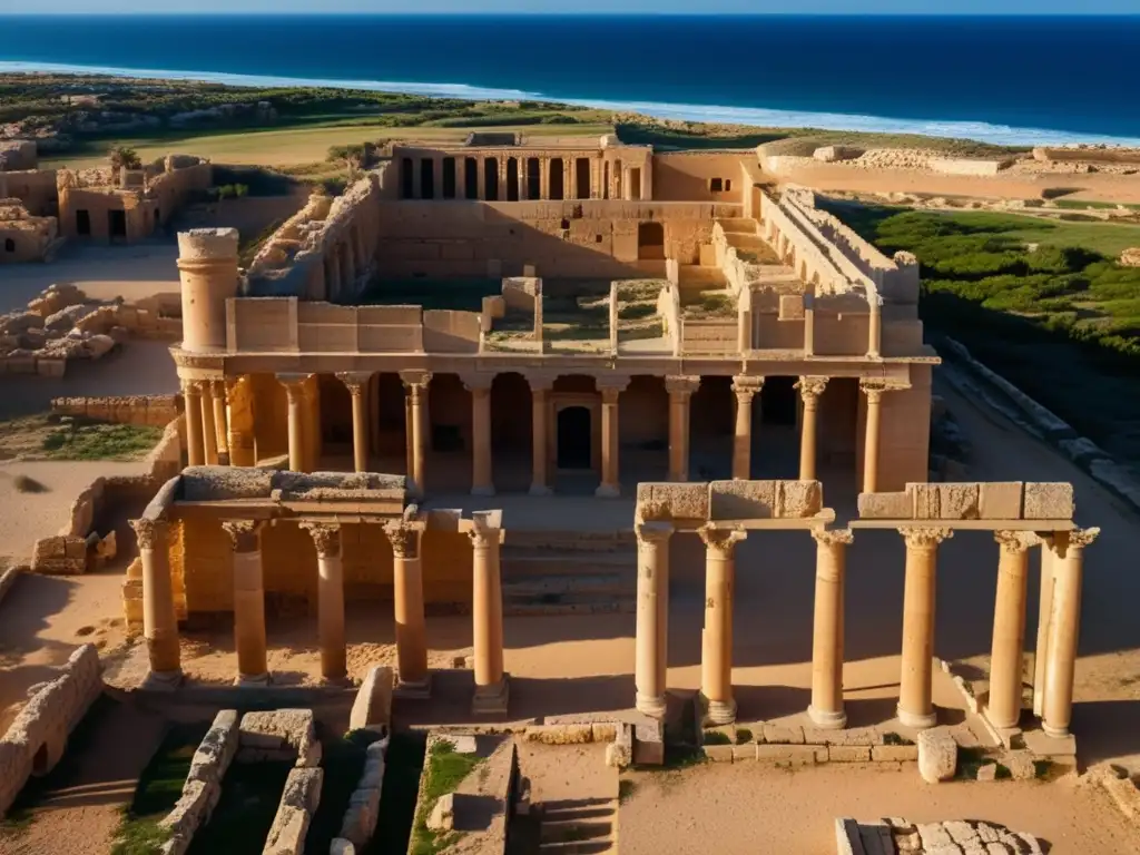 Ruinas de Leptis Magna en Libia: detallada fotografía aérea de las antiguas ruinas, bañadas por la cálida luz del sol y el mar Mediterráneo de fondo.