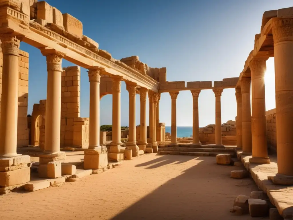 Explora las ruinas de Leptis Magna Libia, con sus pilares y arcos de piedra desgastada, iluminados por la luz y la sombra.