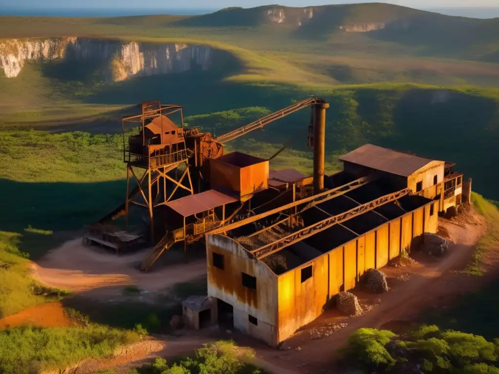 Ruinas de la minería en El Cobre, Cuba, bañadas por la cálida luz dorada del atardecer, creando una escena evocadora y sobrecogedora.