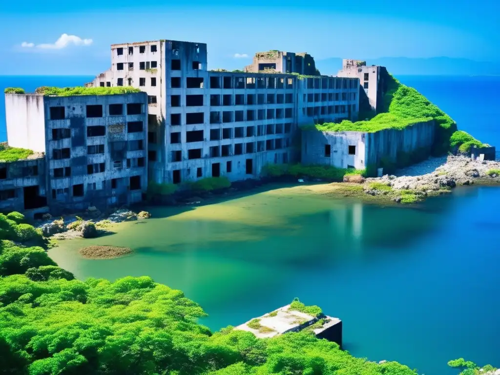 Ruinas misteriosas de la Isla de Hashima Japón, con la decadencia de edificios de concreto frente al mar y cielo.