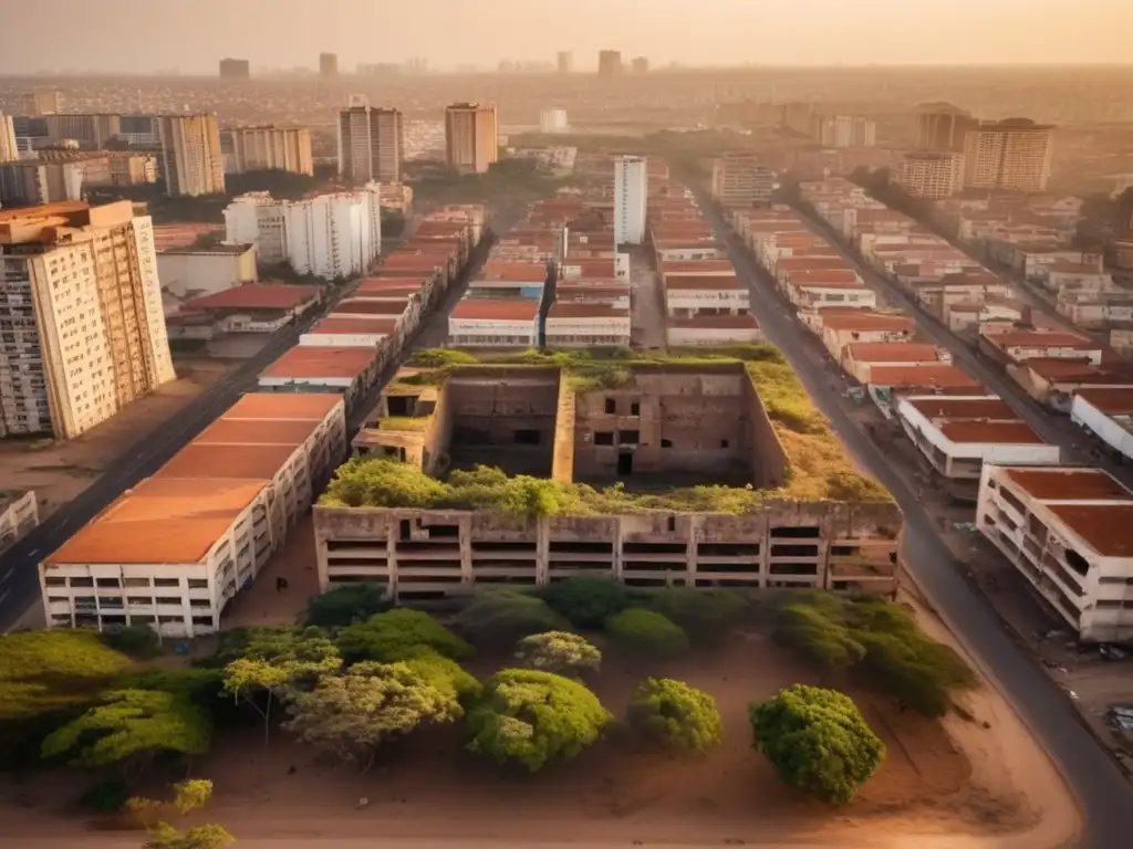 Ruinas postcoloniales de Luanda, Angola: Vista aérea de edificios en ruinas rodeados por la ciudad moderna y el océano, bajo la cálida luz del sol.