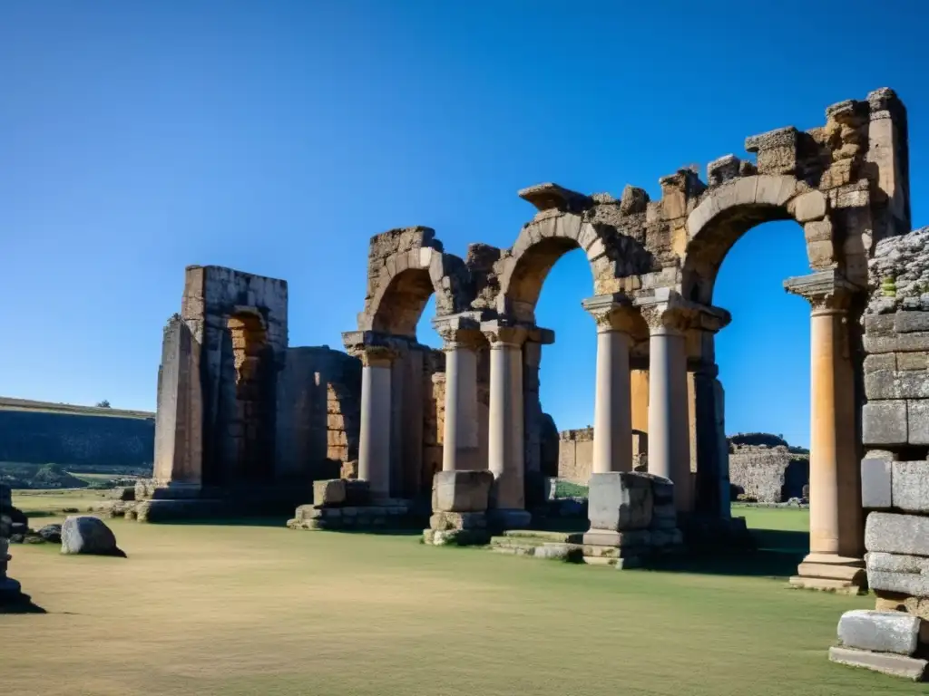 Explora las ruinas de Itálica bajo el sol, un pasado glorioso renace en piedra antigua.