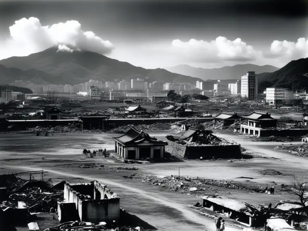 Ruinas sombrías de Hiroshima o Nagasaki tras la bomba atómica. <b>La devastación y pérdida capturadas en blanco y negro.</b> <b>Relatos de Hiroshima y Nagasaki.