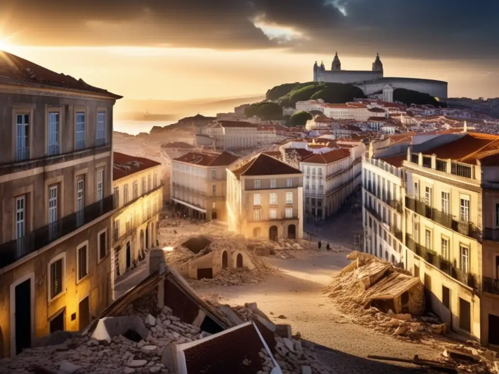 Ruinas de Lisboa tras el terremoto de 1755. <b>Calles llenas de escombros y edificios derrumbados.</b> <b>Impactante imagen documental que muestra la devastación y caos tras el desastre.</b> Terremoto Lisboa 1755 consecuencias.