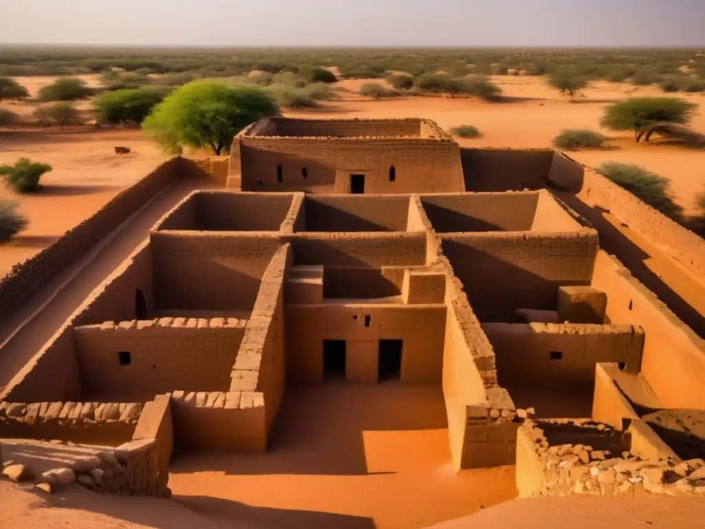 Explora las ruinas de Loropéni en Burkina Faso, con sus texturas y sombras bajo la cálida luz del sol, contrastando con la exuberante vegetación.