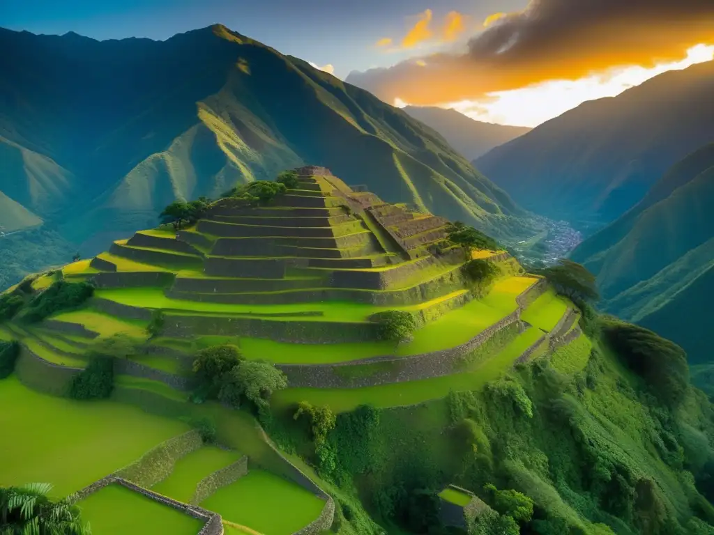 Ruinas de Vilcabamba ciudad perdida Incas entre montañas verdes, bañadas por el cálido resplandor del atardecer. <b>Detalles arquitectónicos incas.