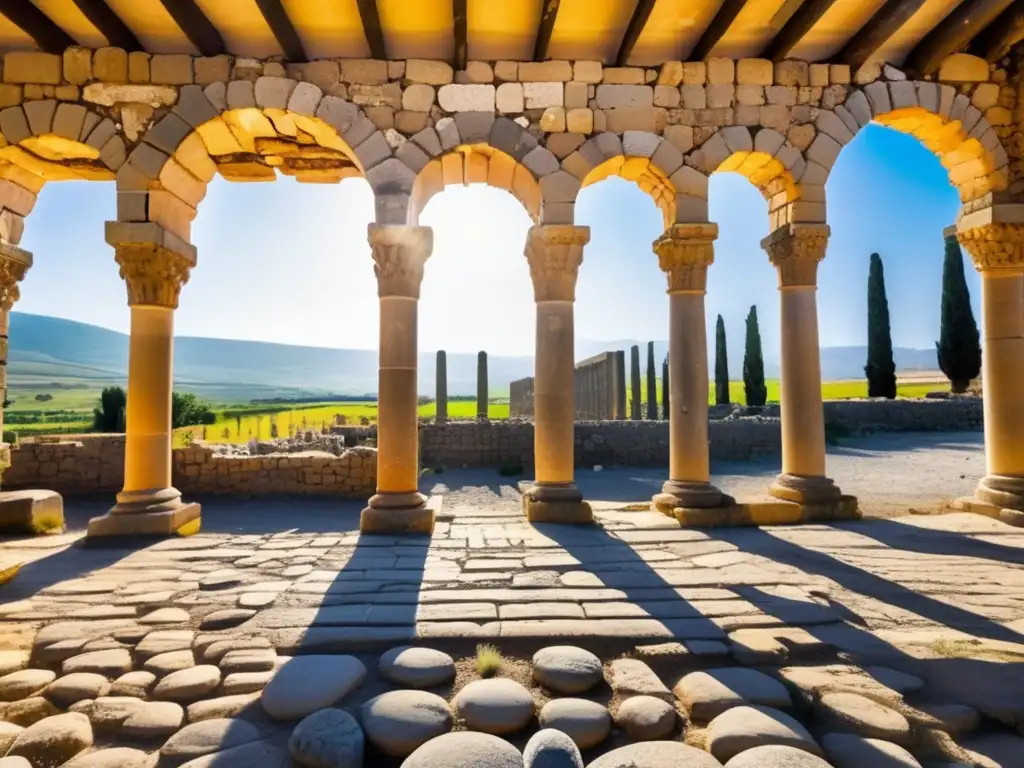 Ruinas de Volubilis Marruecos descubrimiento: Imagen vívida de las antiguas ruinas romanas, con mosaicos coloridos y columnas iluminadas por el sol.