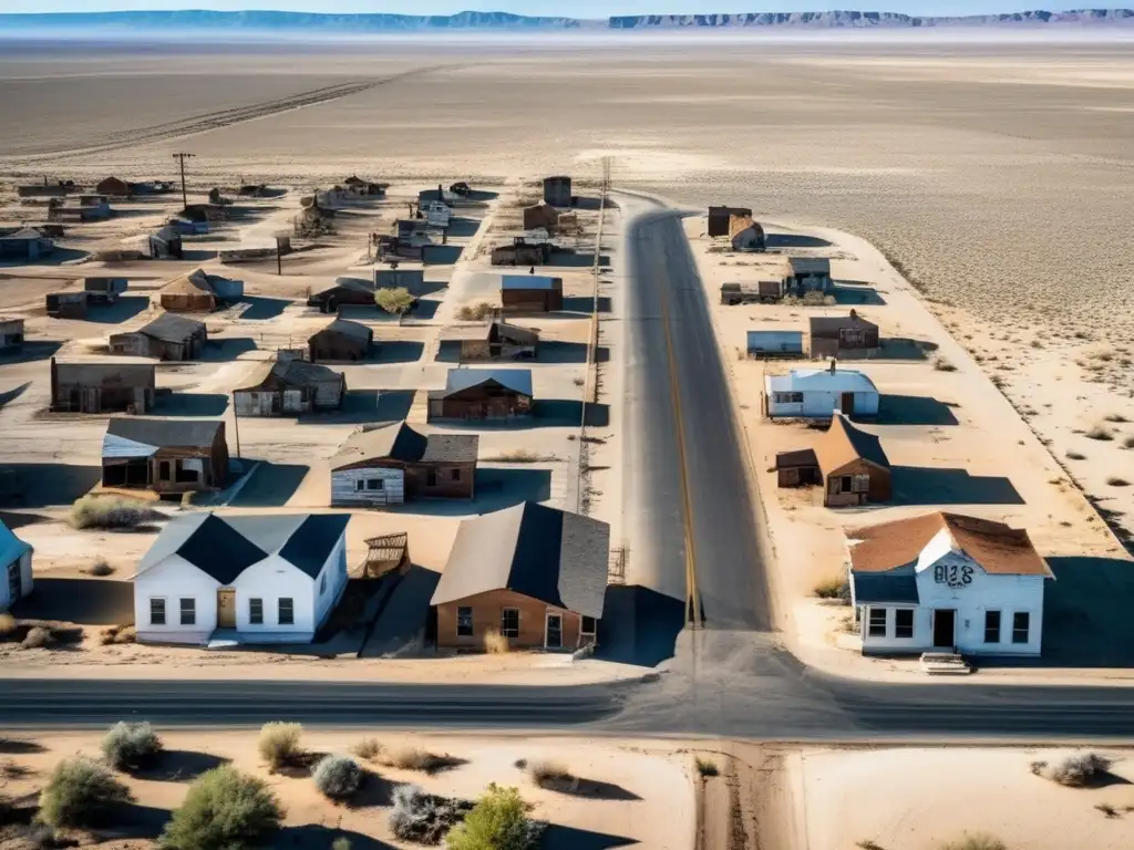 Ruta 66 ciudades fantasma: Imagen aérea de una ciudad abandonada, evocando la melancolía y el abandono en la legendaria Ruta 66.