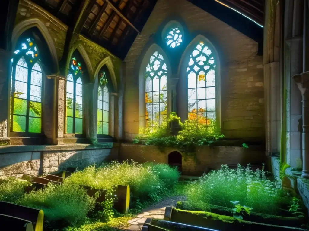 Un santuario abandonado, cubierto de hiedra y musgo, con luz filtrándose entre los vitrales rotos. <b>La naturaleza reclama su espacio, con flores silvestres creciendo entre las grietas.</b> Una atmósfera serena y misteriosa que captura la esencia del tiempo detenido y las