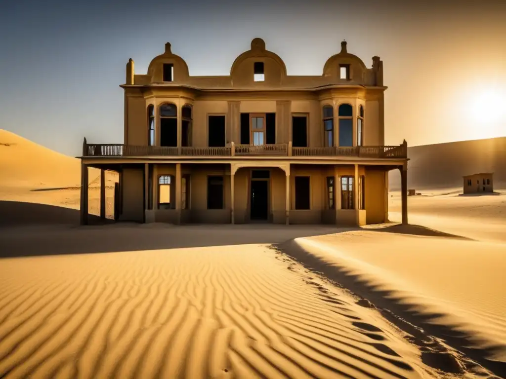 'Secretos de Kolmanskop ciudad fantasma: Imagen documental de las calles abandonadas y llenas de arena, con edificios coloniales en ruinas.'