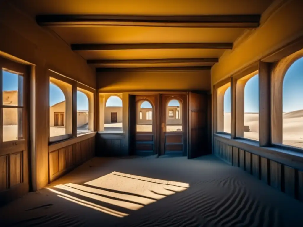 'Secretos de Kolmanskop ciudad fantasma: Fotografía en 8k de los edificios abandonados, detallando la atmósfera inquietante y la belleza olvidada.'