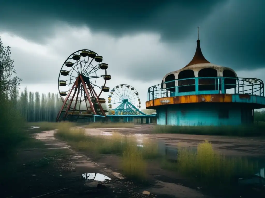 'Secretos de Prypiat: un parque de atracciones abandonado en medio de la desolación, con sus atracciones oxidadas y cubiertas de maleza, envuelto en una atmósfera melancólica y misteriosa'.