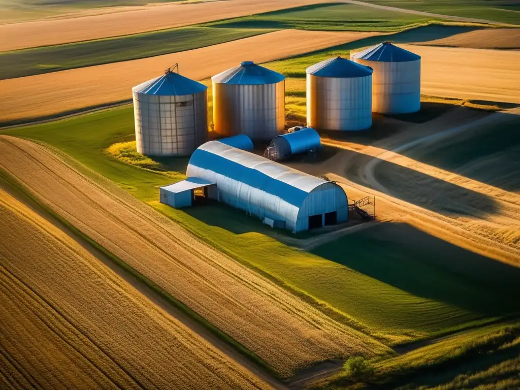 Silos de granos abandonados en Kansas: Atardecer dorado sobre la pradera, iluminando silos en ruinas y sus sombras alargadas.