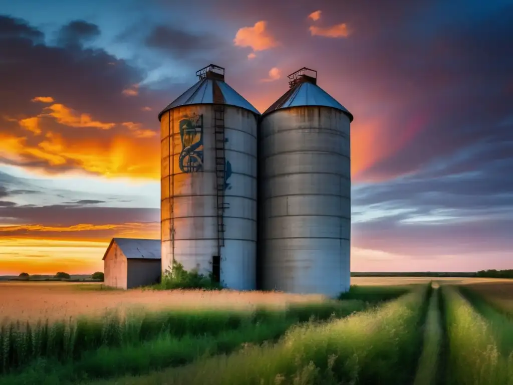 Silos de granos abandonados en Kansas: Un silo cubierto de graffiti en la campiña de Kansas, contrastando con un vibrante atardecer y la naturaleza.