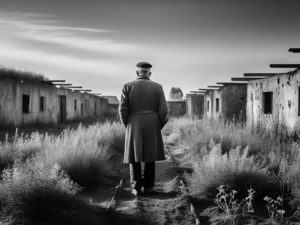 Un sobrecogedor paisaje desolado en blanco y negro de un recinto abandonado de prisioneros de guerra en Europa. <b>Un solitario figura contempla en silencio.