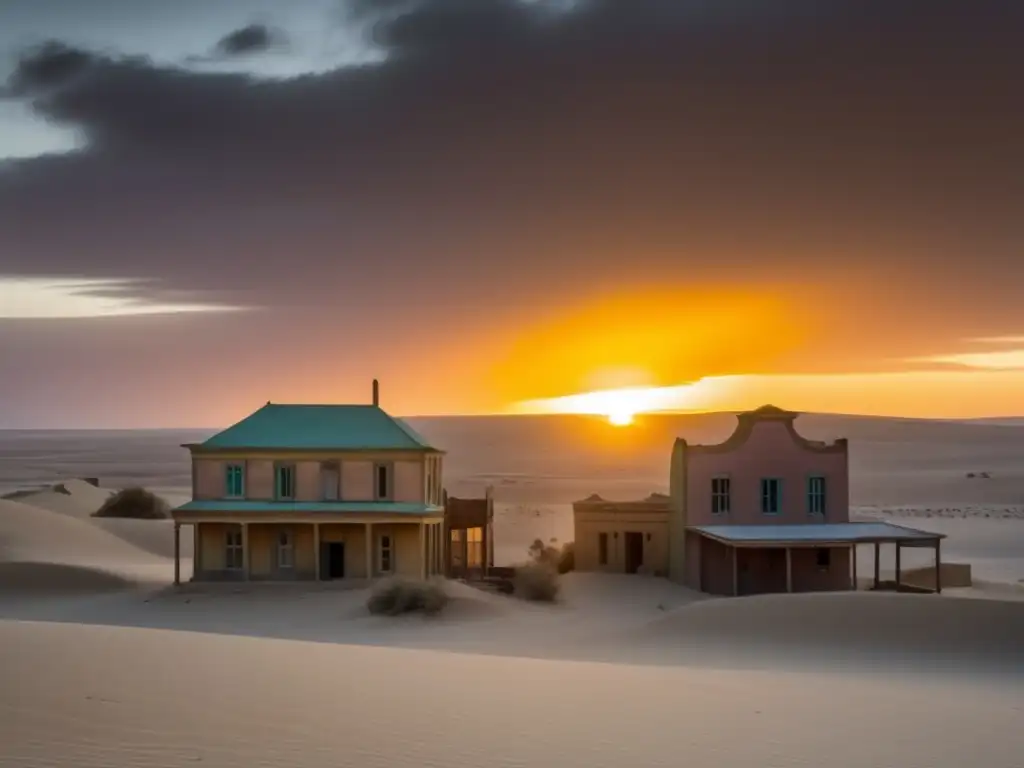 El sol se pone sobre el abandonado pueblo de Kolmanskop, creando una escena nostálgica y desolada. <b>Las historias de Kolmanskop abandonado cobran vida.