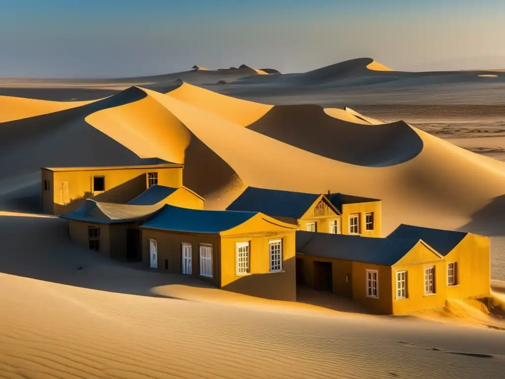 El sol se pone sobre el abandonado pueblo fantasma de Kolmanskop, donde las sombras largas resaltan el abandono en Kolmanskop.