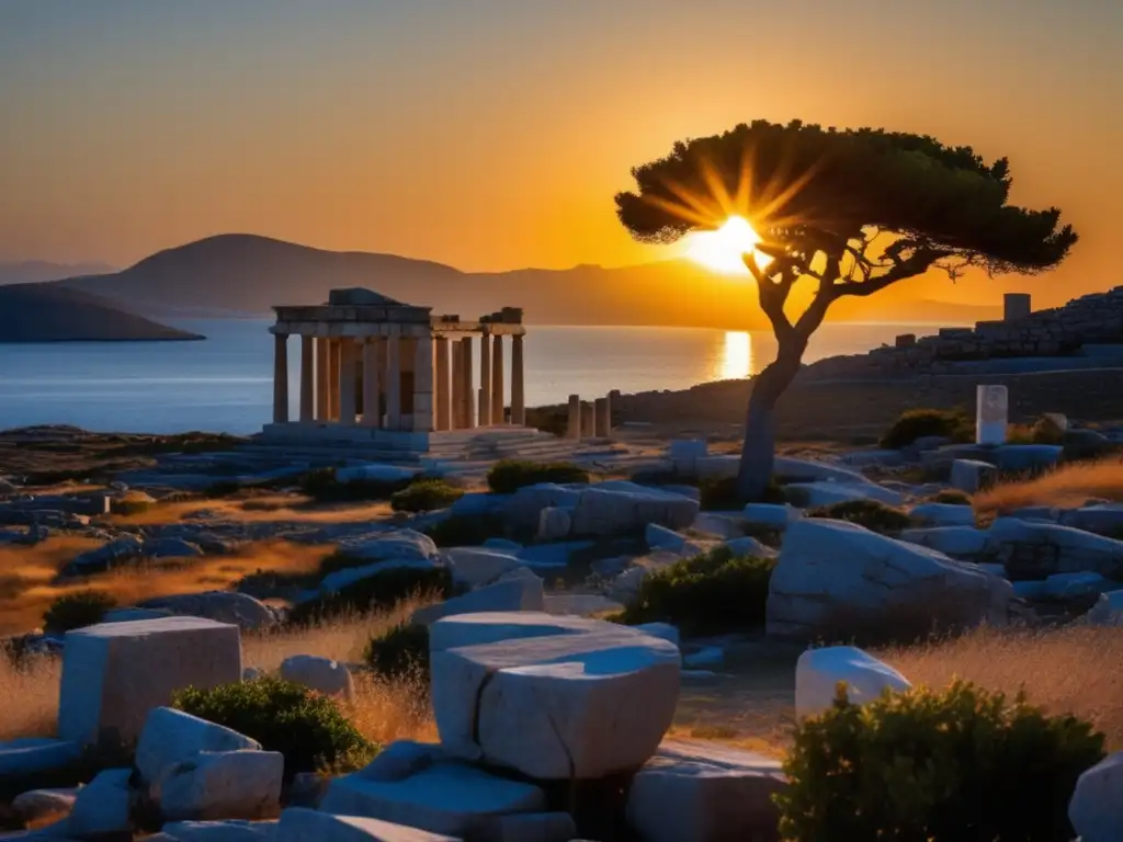 El sol se pone sobre las antiguas ruinas de Delos, iluminando el paisaje dorado. <b>Un higo solitario destaca.</b> <b>El mar Egeo completa el encanto perdido isla Delos abandonada.