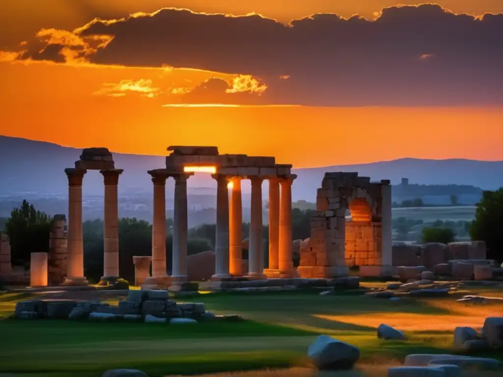 El sol se pone sobre las antiguas ruinas de Pella, creando un cautivador contraste entre luz y sombra. <b>Los secretos de la antigua Pella se revelan en esta mágica atmósfera al atardecer.