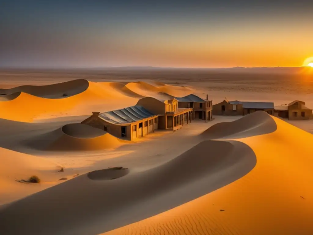 El sol se pone sobre las calles abandonadas de Kolmanskop, ciudad fantasma llena de historia y nostalgia en el desierto de Namib.