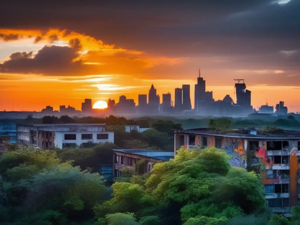 El sol se pone sobre una ciudad abandonada, con edificios en ruinas y grafitis vibrantes. <b>La naturaleza reclama su espacio en este paisaje desolado.</b> <b>La imagen transmite la belleza inquietante de los lugares deshabitados, inspirando proyectos literarios.