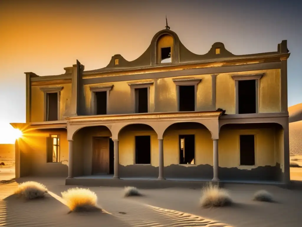 Ruinas doradas: atardecer en Kolmanskop, Namibia El sol se pone sobre la ciudad fantasma de Kolmanskop Namibia, iluminando sus ruinas con un cálido resplandor dorado.