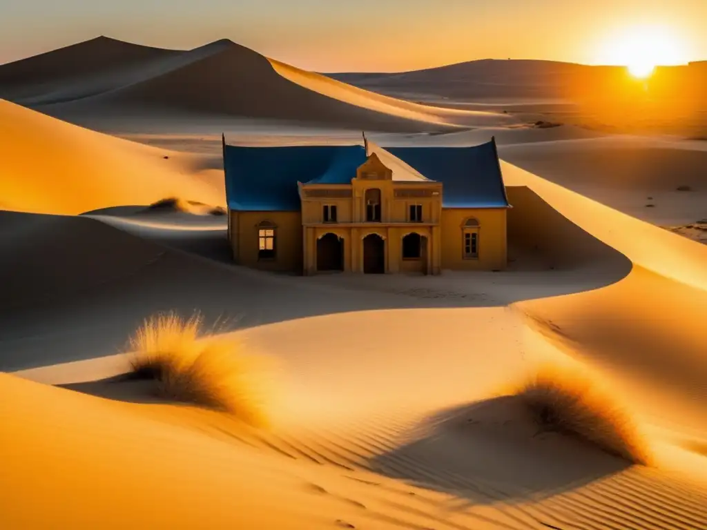 El sol se pone sobre Kolmanskop, ciudad fantasma en el desierto namibio, iluminando sus edificios abandonados en una escena impresionante.