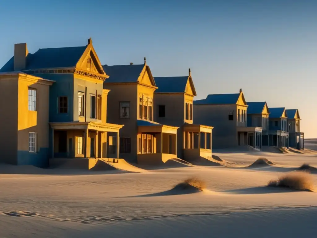 Kolmanskop: Belleza desolada al atardecer El sol se pone detrás de los edificios abandonados de Kolmanskop, creando una escena de desolación y belleza en esta ciudad fantasma de diamantes.